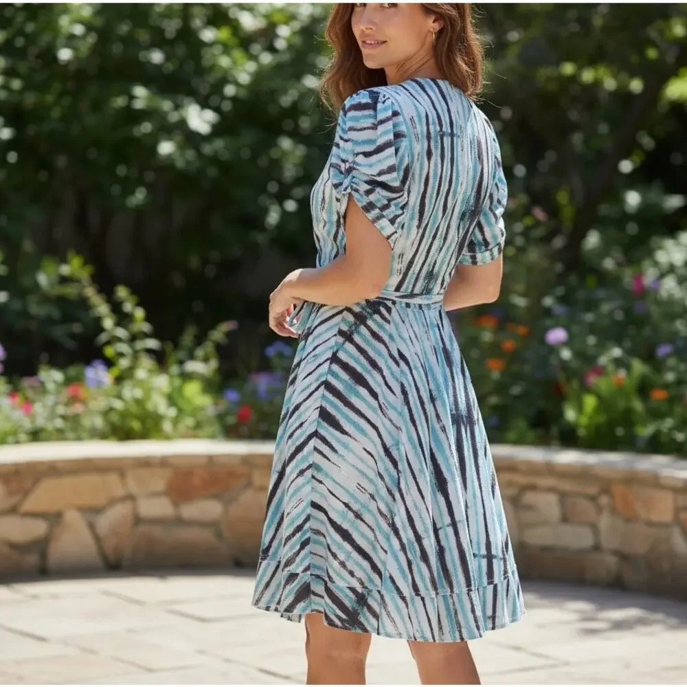 Diane Von Furstenberg Blue Tie Dye Wrap Dress SMALL Work Cotton Puff Sleeve $417 - Picture 3 of 11